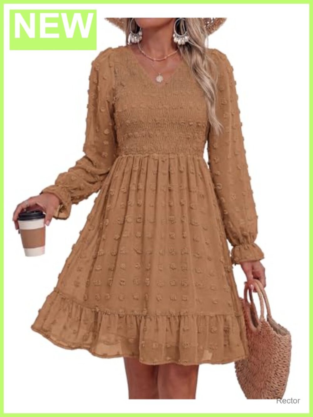 Women's Swiss Dot Chiffon Flowy Long Sleeve Dress with Ruffle Cuffs - Picture 2 of 6